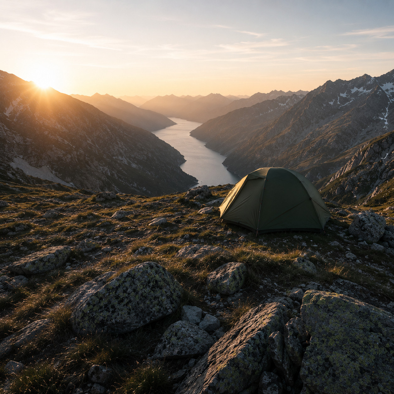 Zelt im Morgenlicht über einem Bergsee