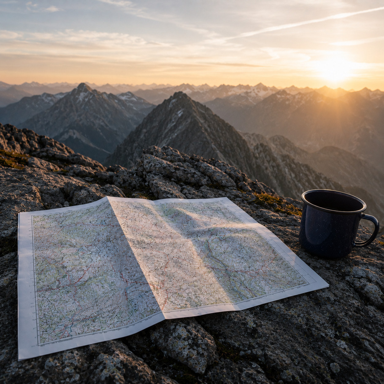 Etappe 3: Strategie und Massnahmen entwickeln Landkarte und Tasse auf einem Gipfelfelsen