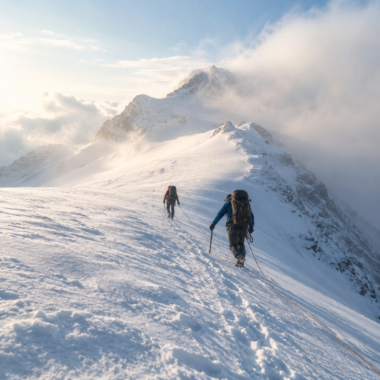 Seilschaft im Aufstieg über einen verschneiten Hang
