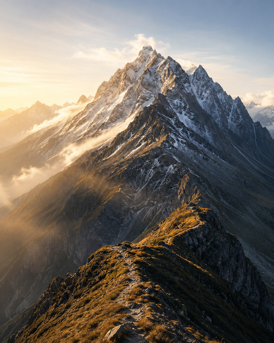 Gratweg zum Gipfel: persönliches Erstgespräch mit AUFWERTS Verschneiter Berggipfel mit Gratweg im goldenen Abendlicht