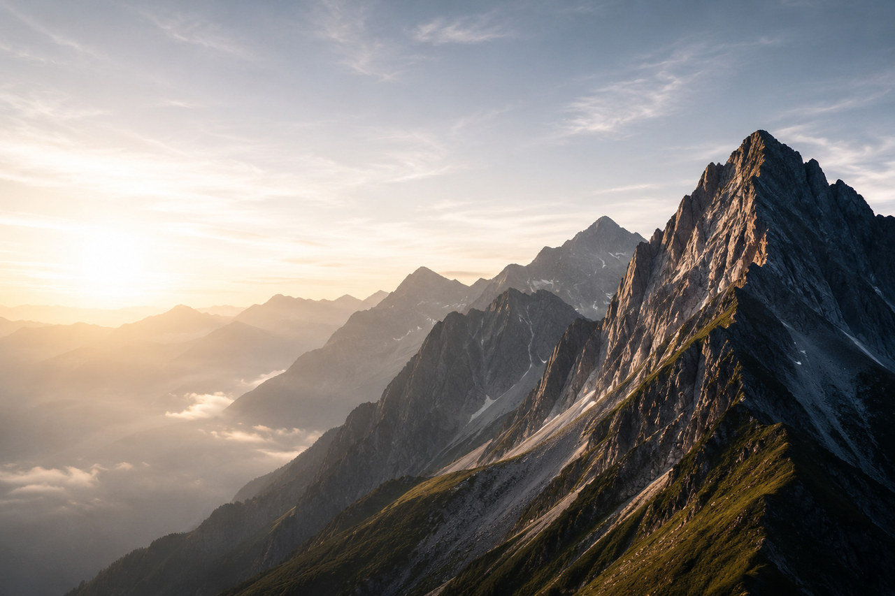 Sonnenaufgang in den Bergen: der Start in die Wertsteigerung Sonnenaufgang über Nebelmeer und schroffen Berggipfeln