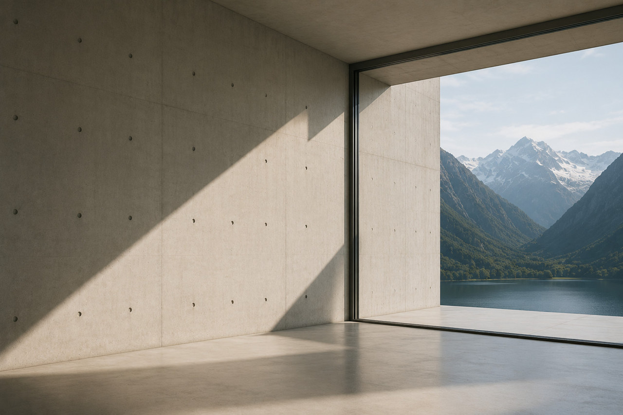 Ungenutztes Potenzial im Unternehmen sichtbar machen Betonraum mit grossem Fenster auf Berge und See