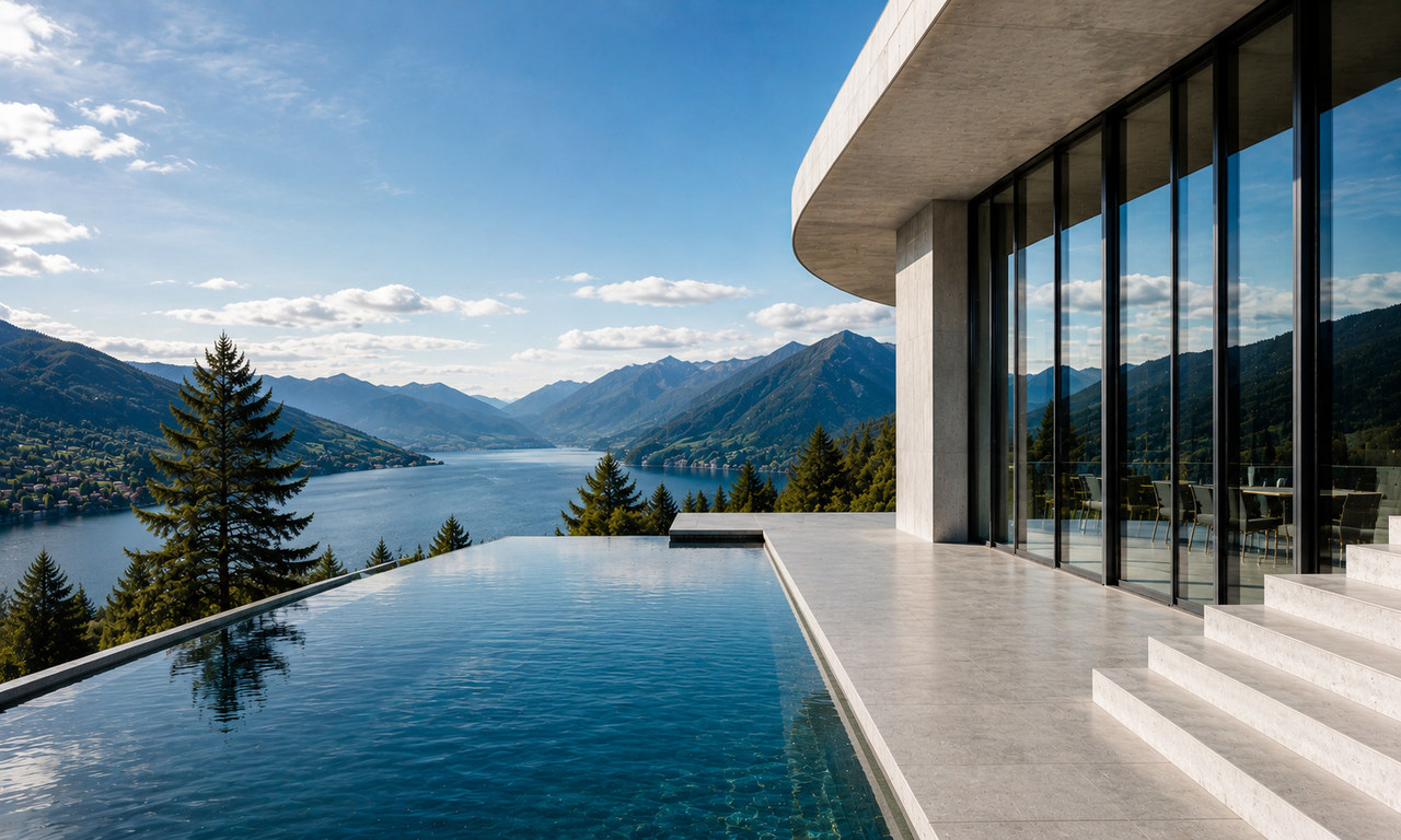 Weitsicht für Ihr Unternehmen: AUFWERTS in Luzern Moderne Terrasse mit Infinity-Pool über einem Schweizer Bergsee